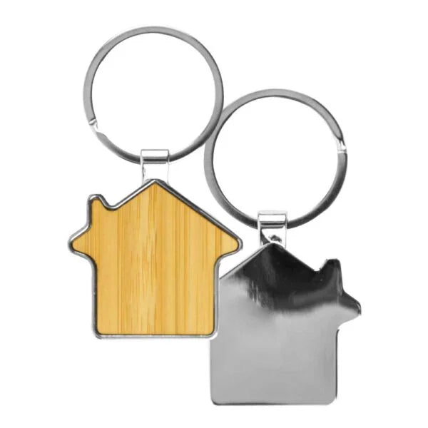 32mm House Shaped Bamboo & Metal Keychain