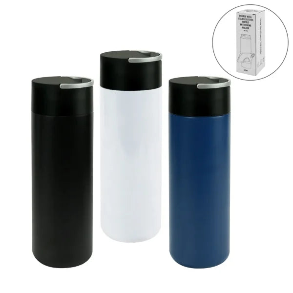 600ml Double Wall Stainless Steel Bottle with Phone Holder Lid