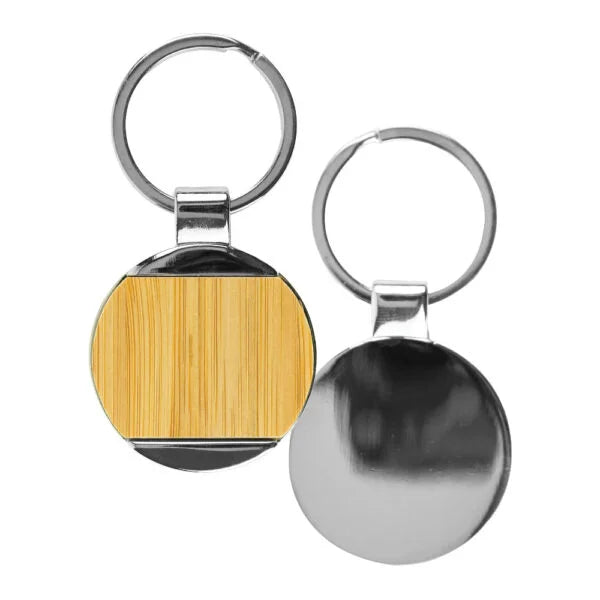 32mm Round Bamboo & Metal Keychain